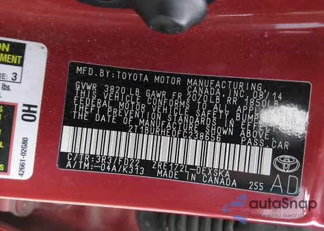 2015 Toyota Corolla S Plus from USA, damaged, VIN 2T1BURHE0FC238656